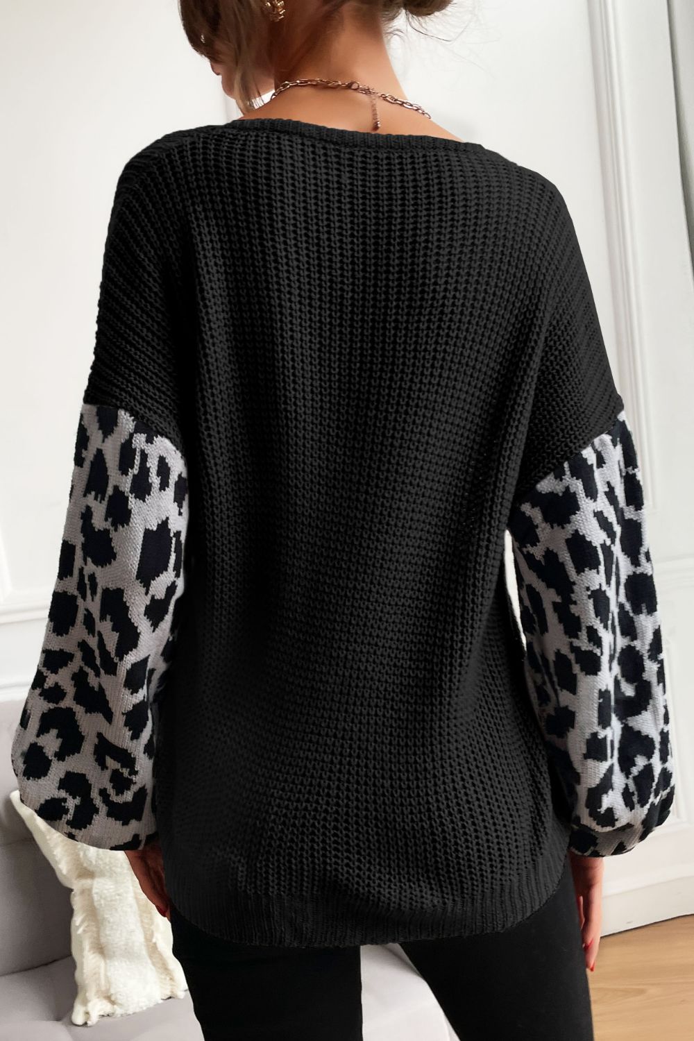 Perfee Leopard Sleeve Dropped Shoulder Sweater