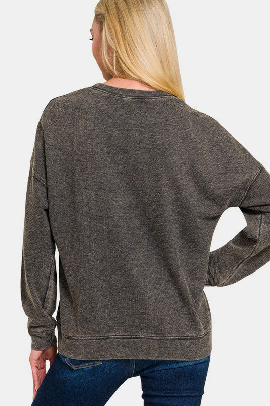 Zenana Washed Round Neck Dropped Shoulder Sweatshirt