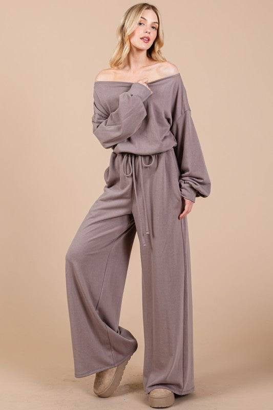 Ces Femme Boat Neck Long Sleeve Drawstring Jumpsuit