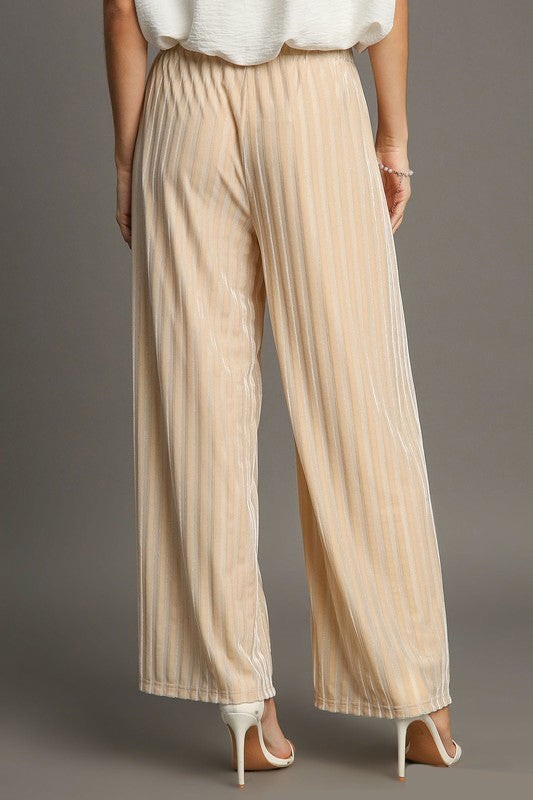 Umgee Elastic Waist Striped Wide Leg Velvet Pants