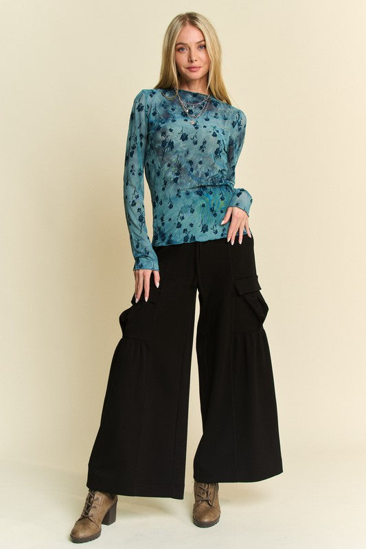 Davi & Dani Drawstring Ruched Detail Wide Leg Pants