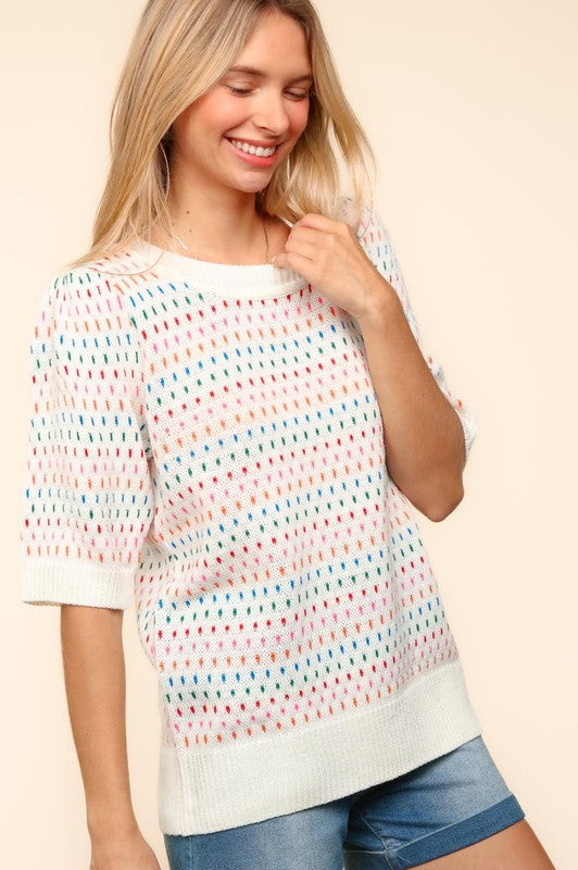 Haptics Round Neck Half Sleeve Multi Color Knit Top