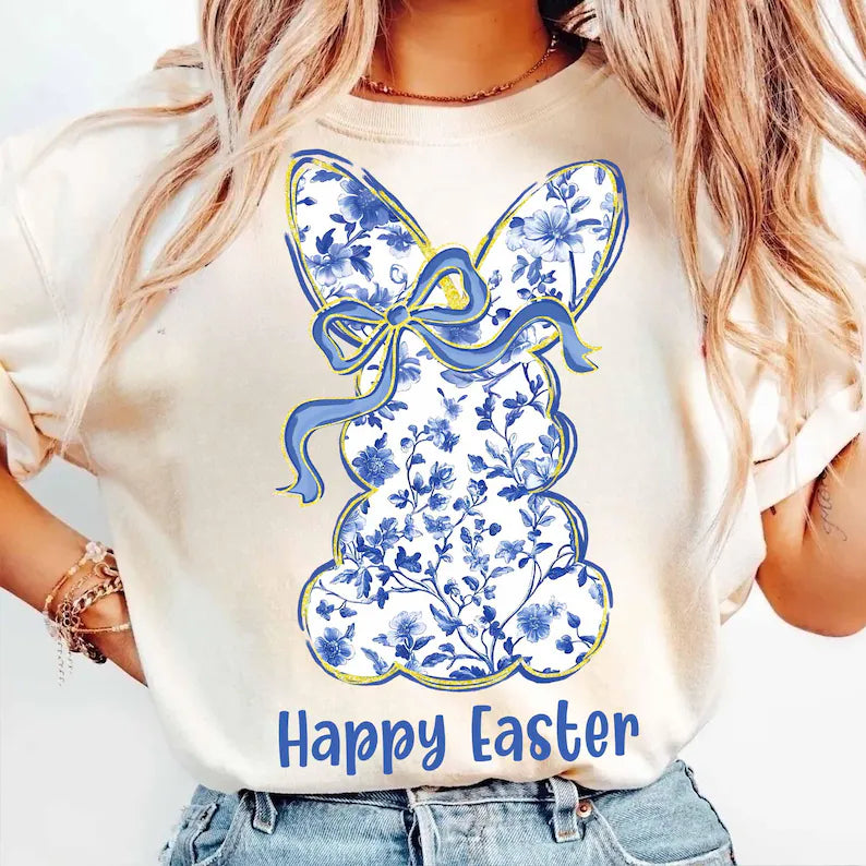 Blue floral bunny Happy Easter