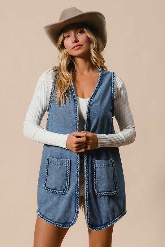 BiBi Braided Trim Open Front Denim Vest with Pockets