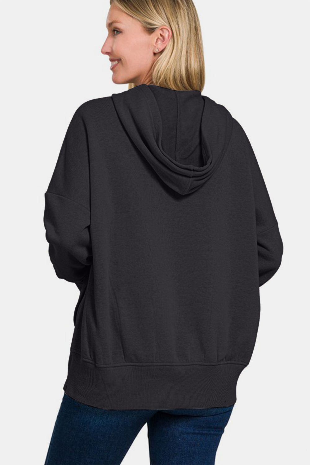 Zenana Half Snap Long Sleeve Hoodie with Kangaroo Pocket