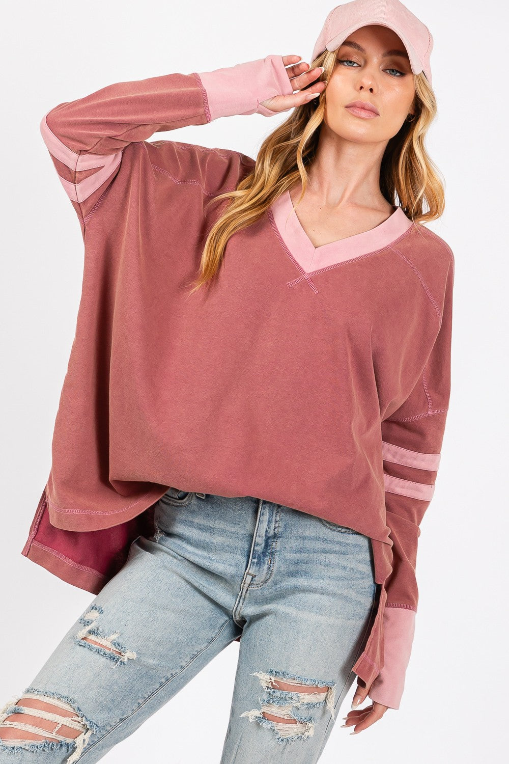 SAGE + FIG Mineral Wash Side Slit Contrast T-Shirt