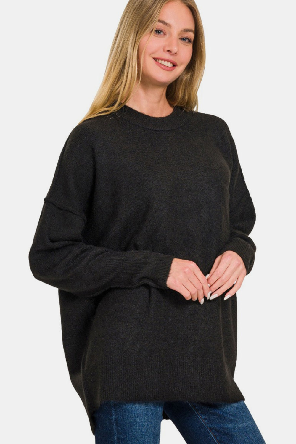 Zenana High-Low Hem Drop Shoulder Sweater