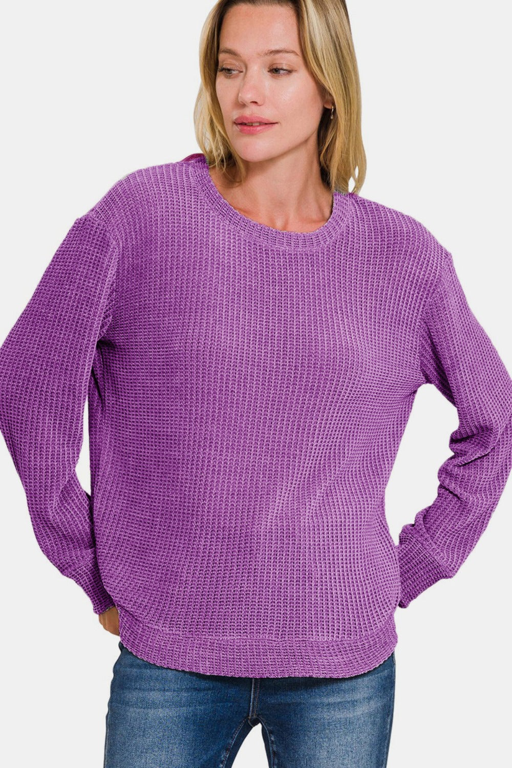 Zenana Chenille Waffle Round Neck Sweater