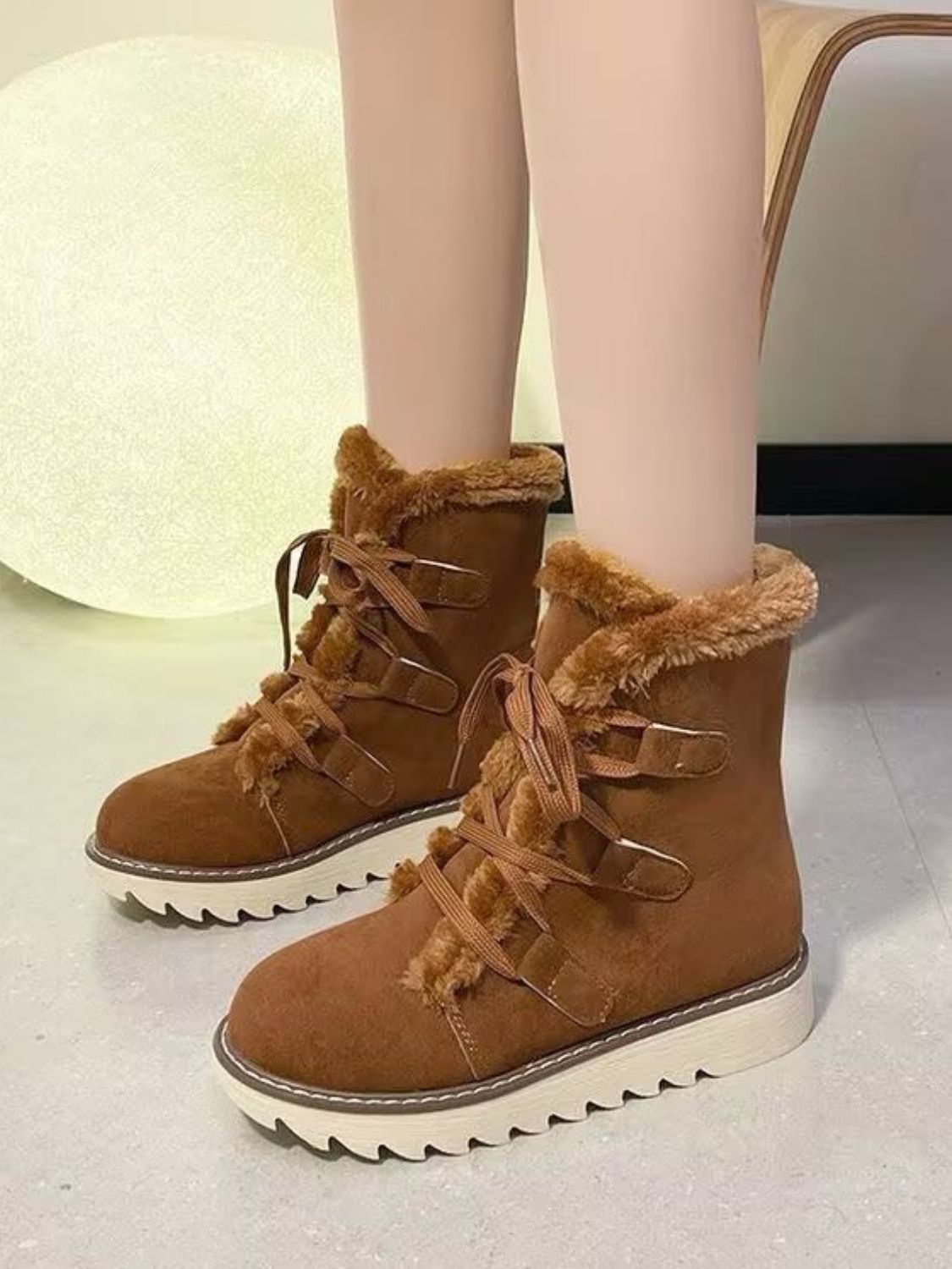 Faux Fur Lace Up Round Toe Boots